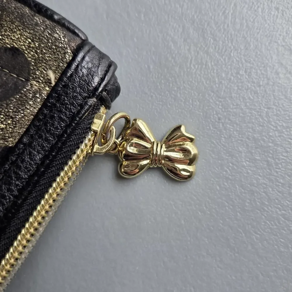 Betsey Johnson Wristlet Wallet Black and Gold Polka Dot Metallic‎ ID Window